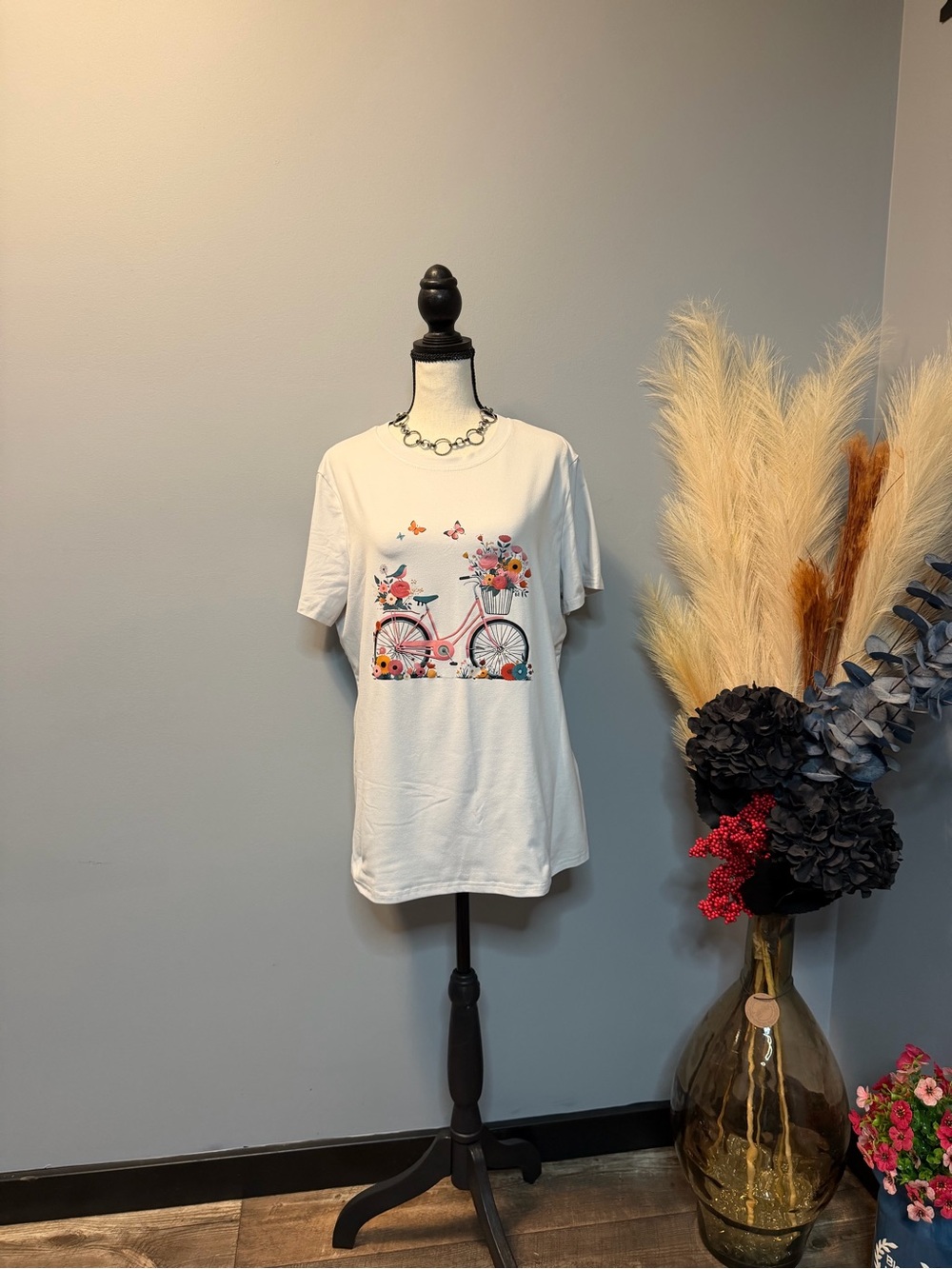 White Tee with Floral Pink Bicycle Graphic